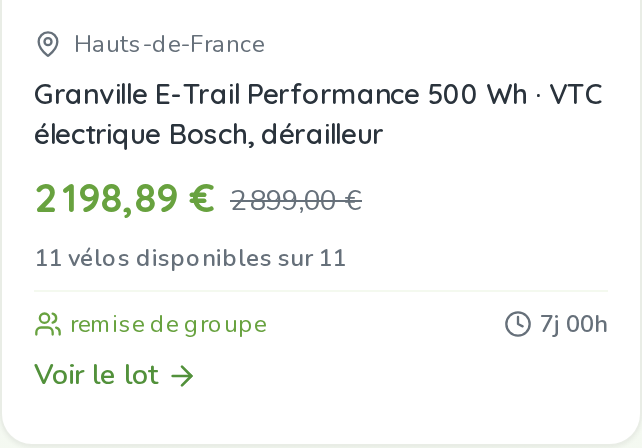 Carte lot du catalogue : prix de groupe, stock restant, compte à rebours