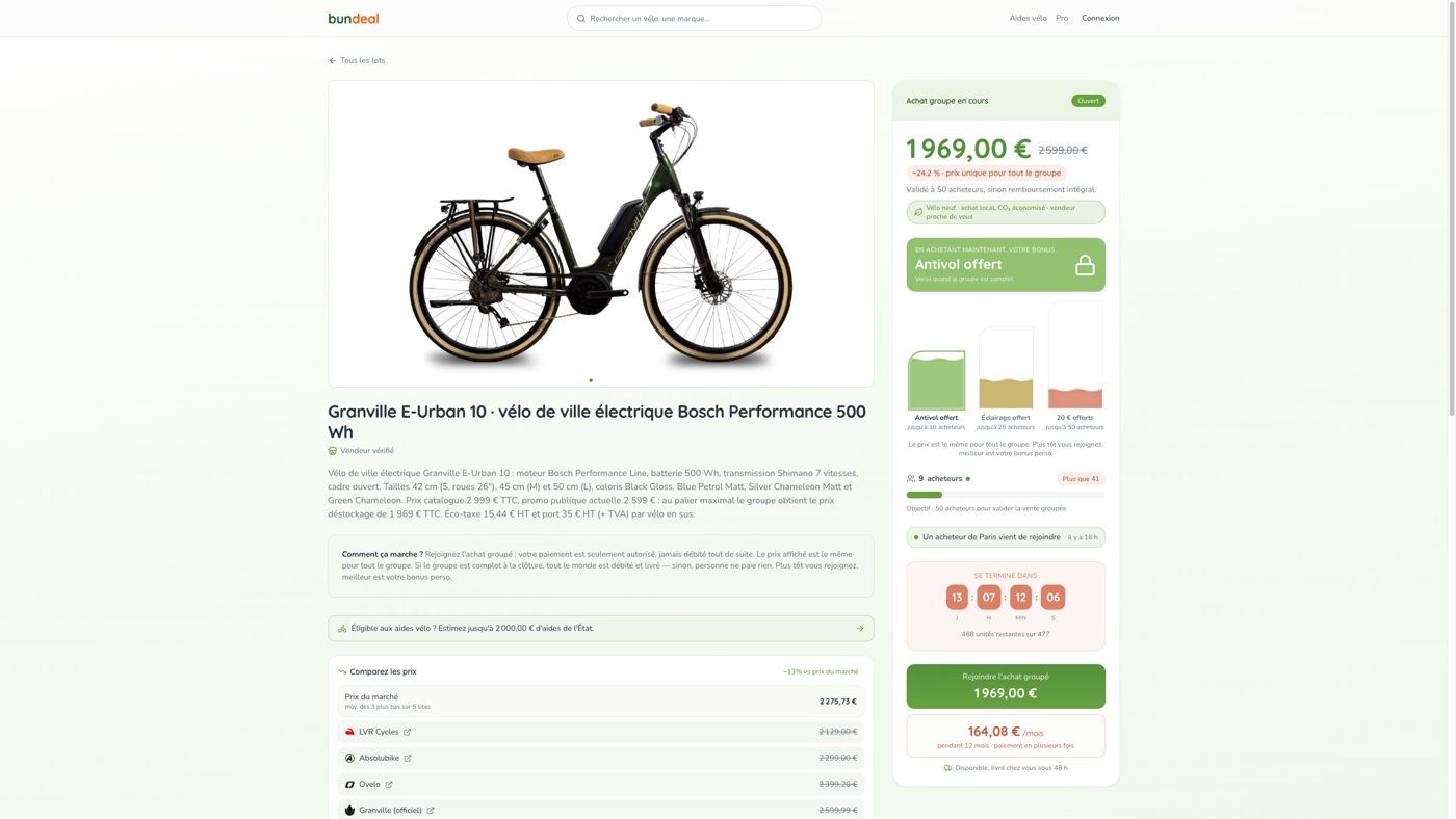 Page lot : prix de groupe, paliers, compte à rebours, comparateur